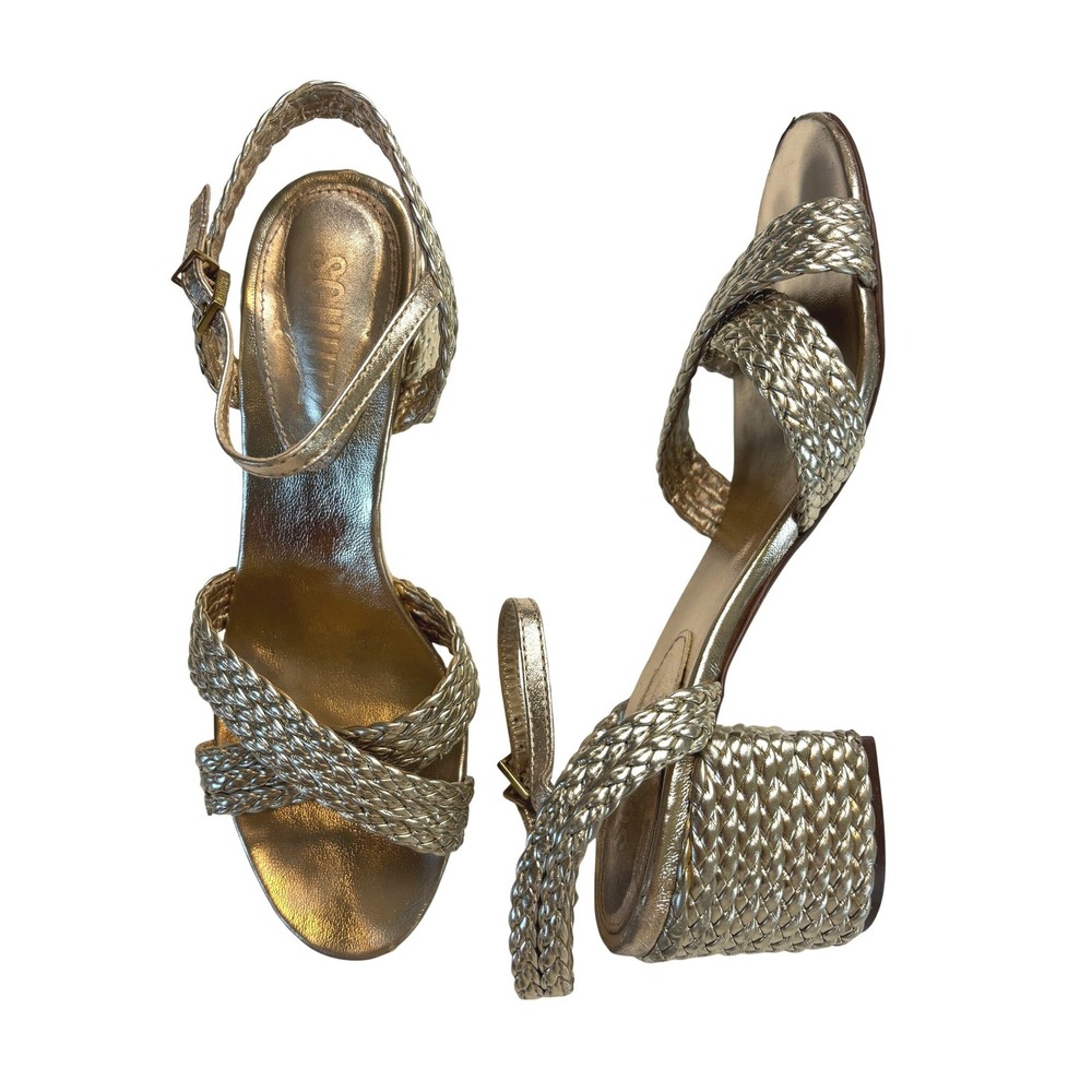 Schutz Cicely Block Sandal Gold Womens Size 5B Braided Strappy Metallic Heel